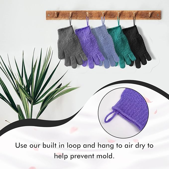Evridwear Exfoliating Dual Texture Bath Gloves for Shower, Spa, Massage and Body Scrubs, Dead Skin Cell Remover, with Hanging Loop Heavy(5 Pairs Gift Set for Men and Women )