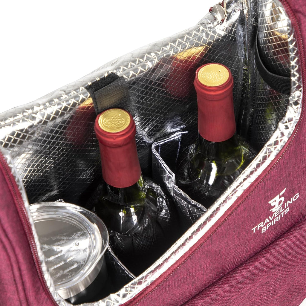 Insulated Red Wine Edition Carrier | 2-3 Bottle Travel Bag With Stainless Steel Tumblers | Cooler Tote for Travel - Great Gift for Wine Lovers (Red)