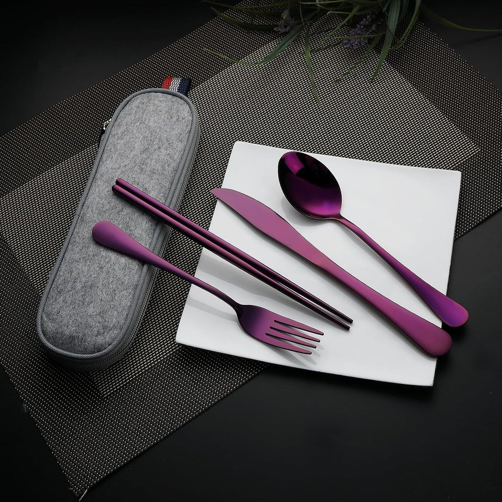 DEVICO Camping Utensils, Portable Travel Utensils with Case, Stainless Steel Reusable Silverware for Lunch Adult, 5Pcs Cutlery Set Includes Knife Spoon Fork Chopsticks and Case (Purple)