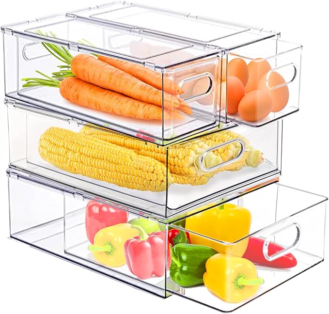 4 Pack Clear Storage Drawer Set, Stackable Fridge Drawer Organizer Fruit Vegetable Storage Containers for Kitchen Pantry Organization,BPA-Free