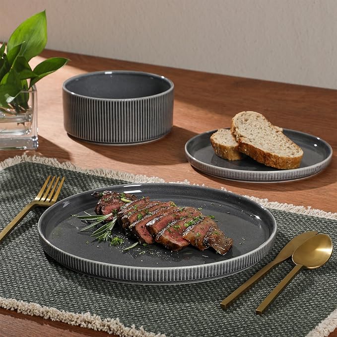 Gibson Elite Solana Coast 12 Piece Stoneware Reactive Glaze (Service for 4) Ceramic Plates and Bowls Modern Shape Embossed Dinnerware Set - Black