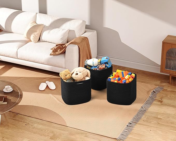 3 Pack Storage Cubes 11 Inch Cotton Rope Woven Baskets for Organizing Cube Bin Square Shelves Organizer,Classroom,Kids Toy Bins,Closet,Baby Nursery(Black)
