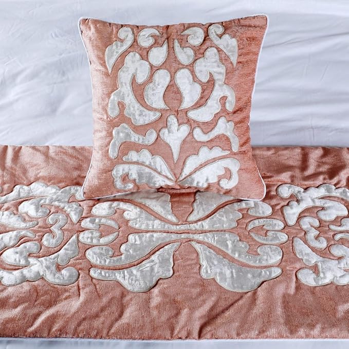 The HomeCentric Handmade Peach & Ivory King 90 x 18 inch Bed Runner Without Pillow Cover, Velvet Applique Bed Scarf, Abstract Modern - Peach Elegance