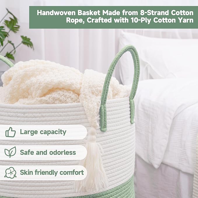 CLHMILY&Z 100L Laundry Basket Round Storage Rope Basket - 18.1x24 Inches - Green Hamper in Bedreoom and Cute Storage Bin for Blankets, Toys, and Nursery Essentials