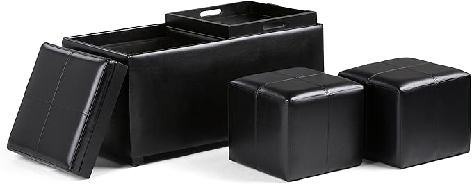 SIMPLIHOME Avalon 35 inch Wide Contemporary Rectangle 5 Pc Storage Ottoman in Midnight Black Vegan Faux Leather, Assembled, for the Living Room, Entryway and Family Room