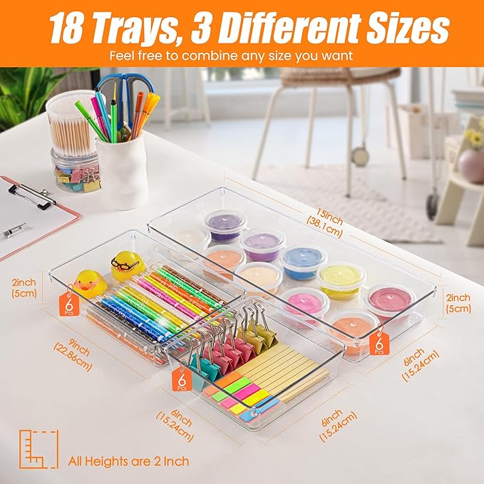 Criusia 18 Pcs Large Size Clear Drawer Organizer Set, Acrylic Non Slip Non Cracking Kitchen Drawer Storage Tray Divider, Multifunctional Storage for Cosmetics, Bathroom, Tools, Kitchen and Office