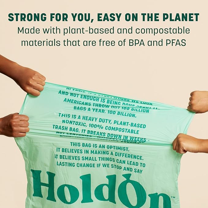 HoldOn 13-Gallon Trash Bags – Tall Kitchen Trash Bags with Drawstring Handles for Tall Trash Bins, Heavy-duty and Compostable, Large Trash Bags (40 bags, Pack of 2)