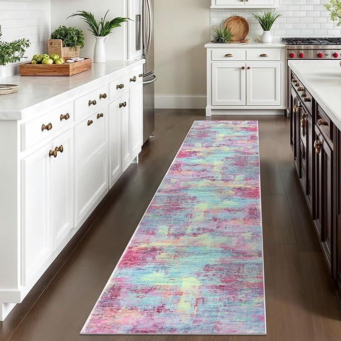 IOHOUZE Abstract Runner Rug 2x10 Ft Washable Runners for Hallways, Non Slip Kitchen Runner Printed Faux Wool Entryway Runner Indoor, Modern Abstract Floor Carpet for Hall Kitchen, Pink Teal