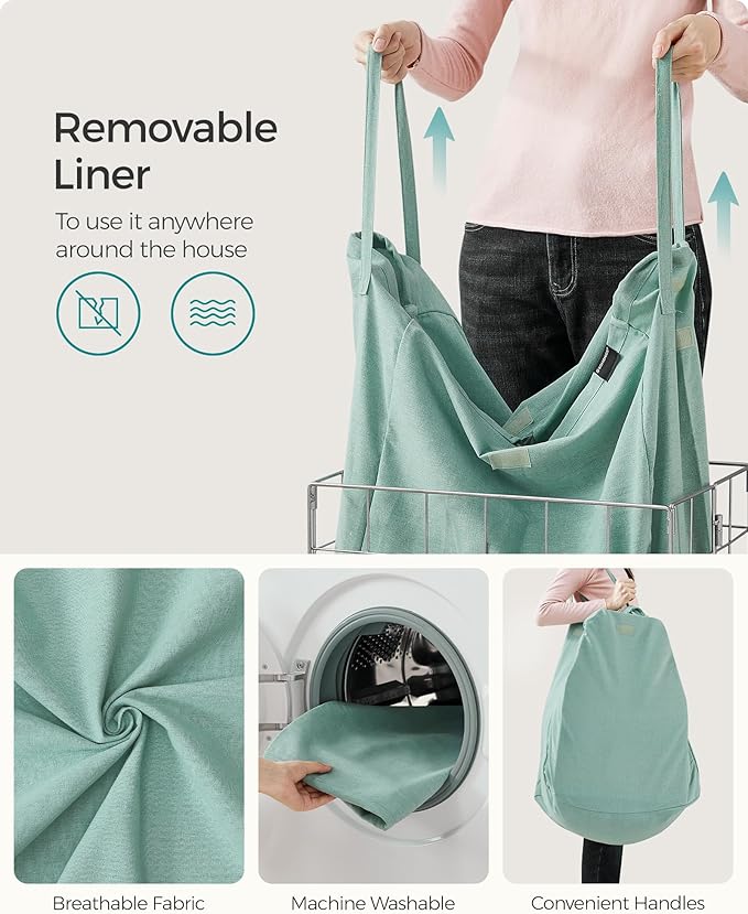 SONGMICS Laundry Hamper, 23.8 Gal. (90L) Laundry Basket, Collapsible Clothes Hamper, Removable and Washable Liner, Metal Wire Frame, for Bedroom Bathroom, Silver and Mint Green ULCB190C01