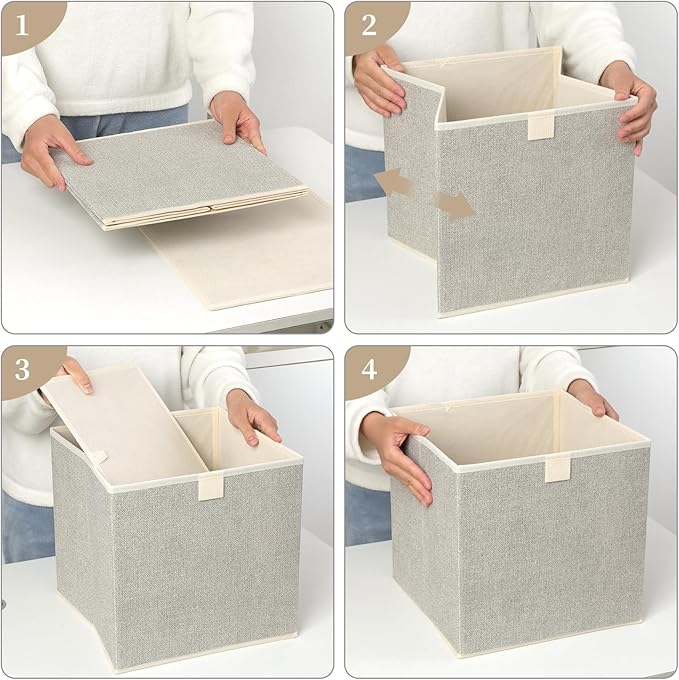 Storage Baskets, 11.8-Inch Woven Fabric Bins, Storage Cubes with Reinforced Handles, Organizer Bins for Closet Shelves, Foldable, for Toys, Clothes, Natural Beige (3PCS/Beige-11.8*11.8*11.8inch)