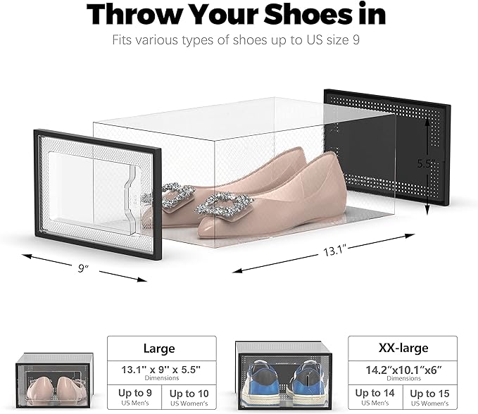 SEE SPRING 12 Pack Shoe Storage Box, Clear Plastic Stackable Shoe Organizer for Closet, Space Saving Shoe Rack for Entryway Sneaker Container Bin Holder (Black)