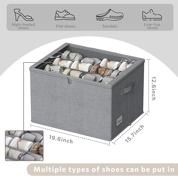 Shoe Organizer for Closet, 2 Pack Sturdy Shoe Storage Bins with Clear Cover, Fits 16-32 Pairs, Foldable Shoe Storage Box with Reinforced Handles (Grey, 19.7 * 15.7 * 12.6in)