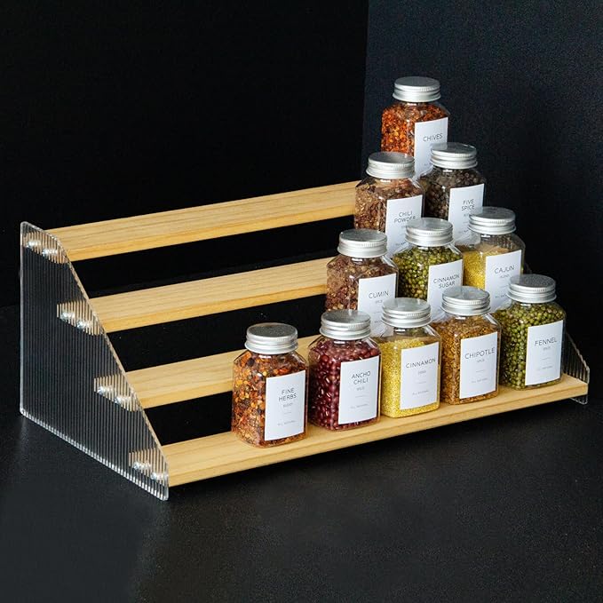 nianfeng Tiered Spice Rack, 4-Tier Spice Pantry Kitchen Cabinet Organizer, 16-Inch, Natural Wood Acrylic Stair Riser Stand, Countertop Seasoning Shelf