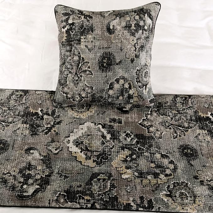 The HomeCentric Designer Black & Grey King 90 x 18 inch Bed Runner with Pillow Cover Set, Velvet Damask with Tassels Bed Scarf, Abstract Modern - Paved Damask