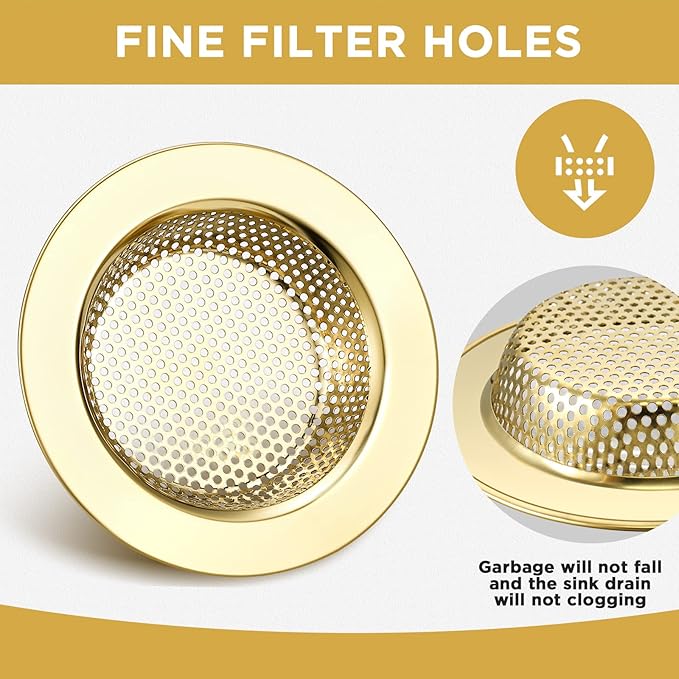 Retisee 2 Pcs Sink Strainer Stainless Steel Kitchen Sink Drain Strainer Basket Cover Mesh Hair Food Catcher, Large Wide Rim of 4.4 Diameter(Gold)