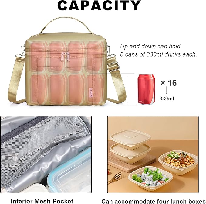 NOL Natural Organic Lifestyle Insulated Lunch Bags for Women Cooler Bag Lightweight Nylon Waterproof Lunch Box For Work (Gold, Medium(normal))