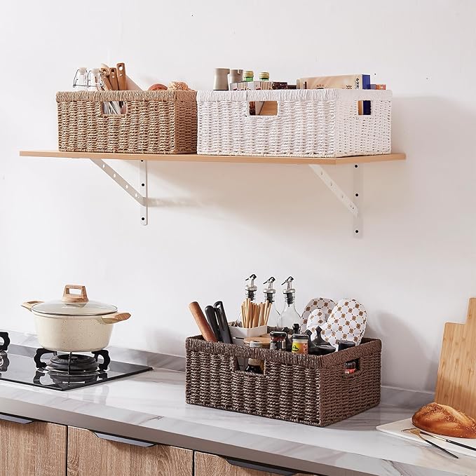 OIAHOMY Wicker Basket, Paper Shelf Basket with Built-in Handles, Rectangular Wicker Storage Bin for Pantry, Shelves, 1 Pack-Yellow