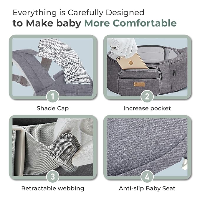 FRUITEAM Baby Carrier with Hip Seat for Breastfeeding, One Size Fits All - 6-in-1 Adjustable Toddler Carrier with Lumbar Support, All Seasons, Adapt to Newborn, Infant & Toddler (Greyish)