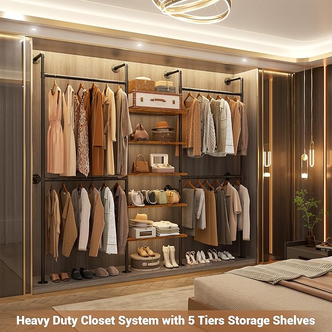 Aheaplus Industrial Pipe Clothing Rack, Reversible 6.42FT Clothes Rack for Hanging Clothes, Heavy Duty 5-Tier Closet Wardrobe Garment Racks with Shelves, Corner Closet Organizer System, Rustic Brown