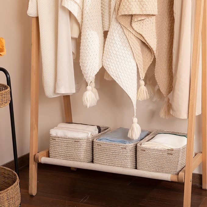 3 Pack Small Storage Baskets for Organizing, Cute Woven Decorative Gift Baskets for Shelves, Mini Closet Organizer Bins with Handles-13''Lx8.66''Wx5.11''H-Brown