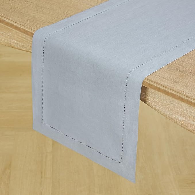 Solino Home Linen Dusty Blue Table Runner 90 Inches Long - 100% Pure Linen Hemstitch 14 x 90 Inch Table Runner for Dining - Classic Hemstitch