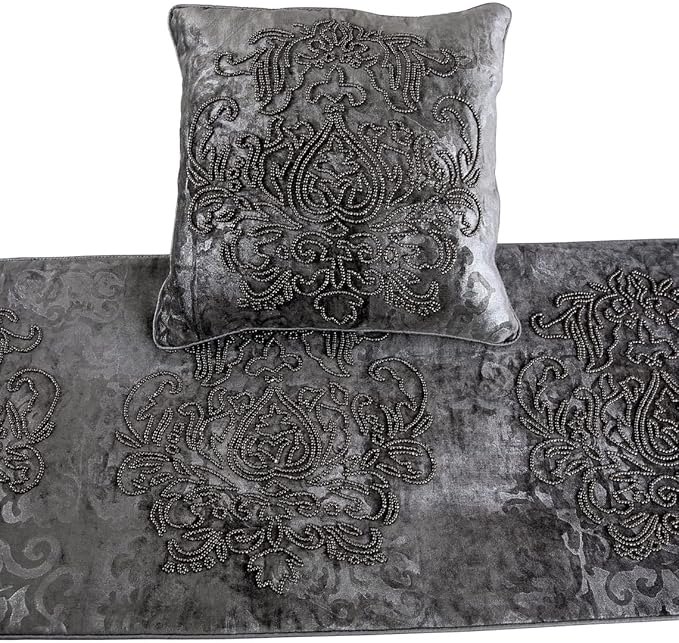 The HomeCentric Decorative Designer Handmade Bed Runner without Pillow Cover, 86 x 18 Inch Damask Designer CA King Size Bed Scarf in Foil Velvet and Embroidery Bed Linen Foot Warmer Home - Foil Damask