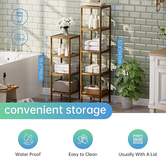 SMIBUY Bathroom Storage Shelf, 4-Tier Bamboo Rack Organizer, Multifunctional Shelving Unit for Living Room Bedroom Kitchen (Walnut)