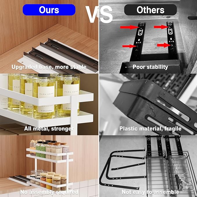 2 Pack Pull Out Spice Rack Organizer for Cabinet, 2 Tier Metal Slide Out Seasoning Organizer and Storage Heavy Duty Vertical Spice Rack Shelf Pullout for Kitchen Cabinets No Drilling (White)