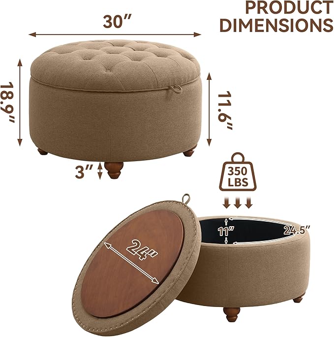30Inch Round Storage Ottoman with Tray, Modern Tufted Fabric Circle Coffee Table with Storage, Upholstered Ottoman with Removable Top for Living Room, Bedroom, Brown