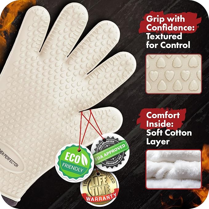 KITCHEN PERFECTION S Silicone Smoker Oven Gloves for Women -Extreme Heat Resistant BBQ Gloves -Handle Hot Food Right on Your Grill Fryer |Waterproof Oven Mitts Cooking Gloves |Superior Set+3 Bonuses