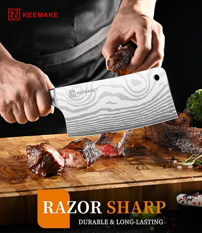 KEEMAKE Meat Cleaver Knife 7-Inch Razor Sharp High Carbon Steel Kitchen Knife, Butcher Knife Perfect for Chopping Meat & Veggies, Pakkawood Handle Ideal for Home & Professional Chefs, W/Sheath