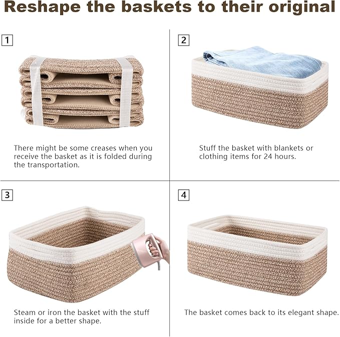 3 Pack Small Storage Baskets for Organizing, Cute Woven Decorative Gift Baskets for Shelves, Mini Closet Organizer Bins with Handles, 11.81''Lx7.87''Wx4.72''H-Brown and White