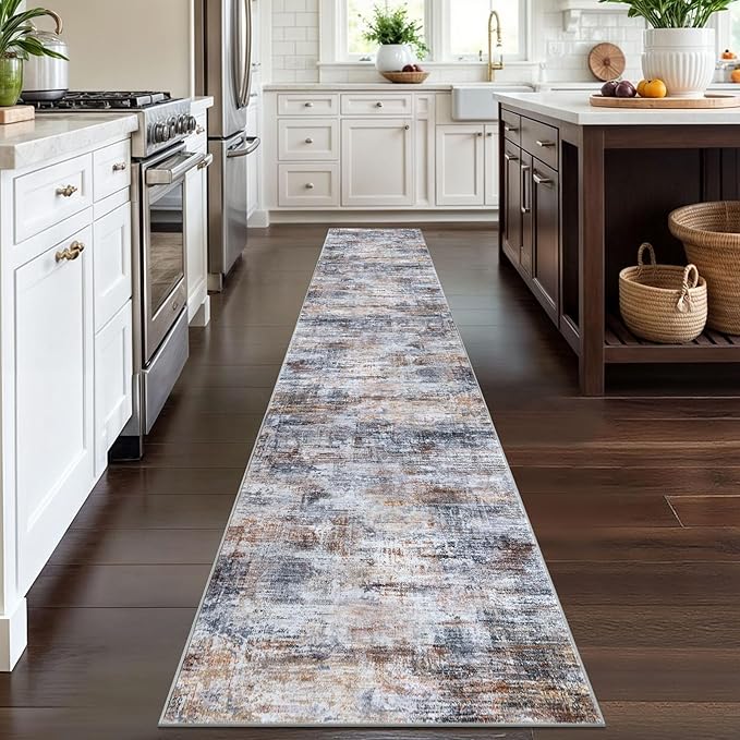 IOHOUZE Abstract Runner Rug 2x12 Ft Washable Runners for Hallways, Non Slip Kitchen Runner Printed Faux Wool Entryway Runner Indoor, Modern Abstract Floor Carpet for Hall Kitchen, Orange Grey