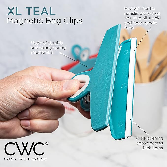 COOK WITH COLOR Bag Clips - Heavy Duty Chip and Refrigerator Magnet Clips for Food Storage with Air Tight Seal Grip, Teal and Mauve, Pack of 4 Large