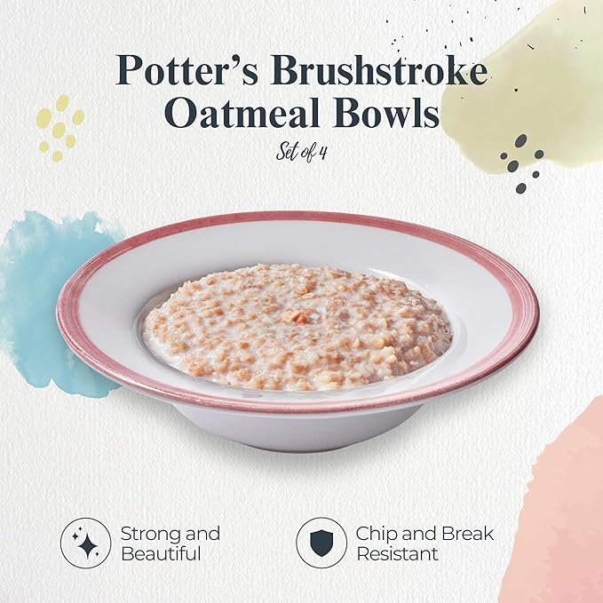 Portmeirion Potter’s Brushstroke Oatmeal Bowls (Set of 4) - Versatile Earthenware Bowls for Kitchen, Soups, Cereal & Desserts - Dishwasher & Microwave Safe - Made in UK Dinnerware Collection (Red)