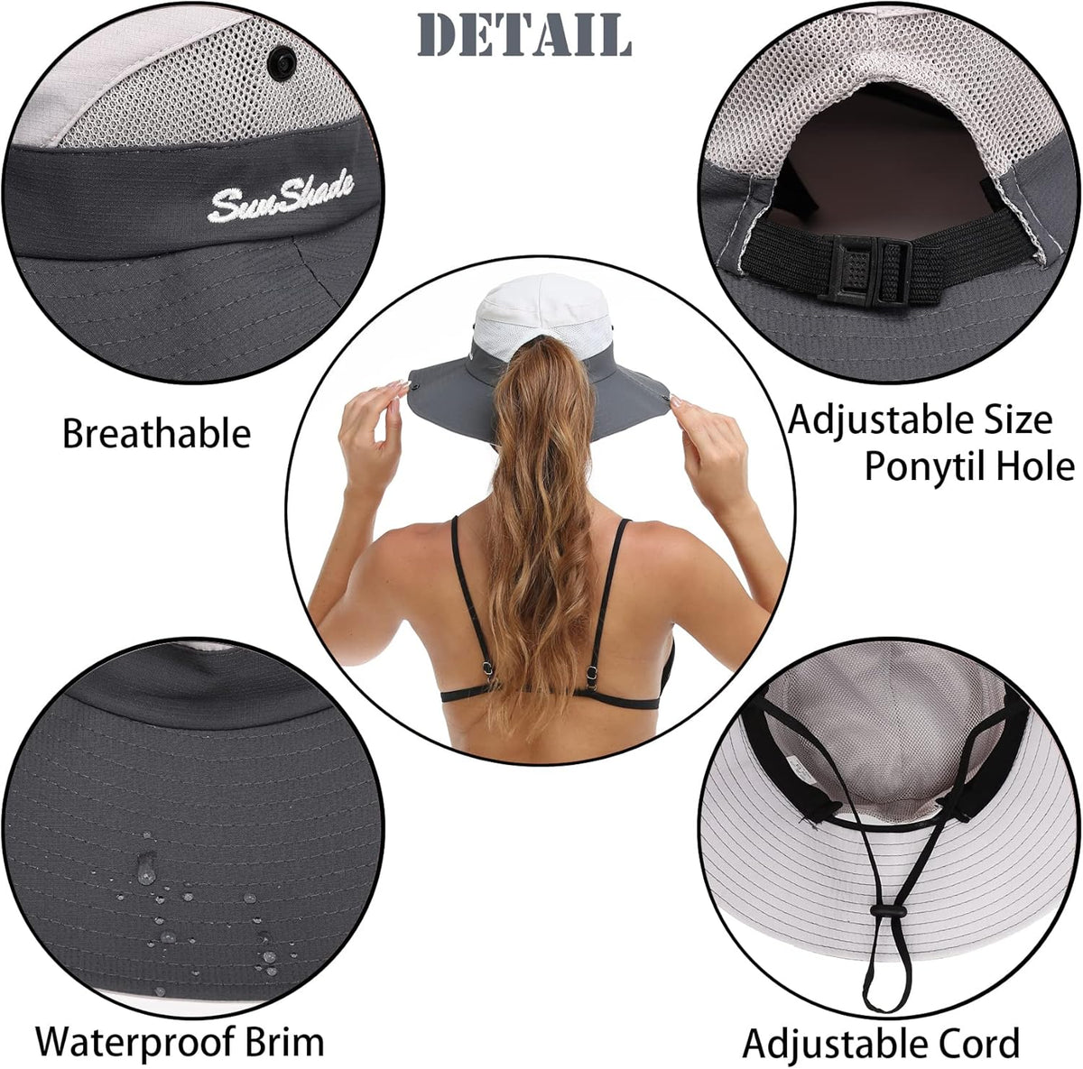 Womens Summer Sun Hat Beach Hat Wide Brim Outdoor UV Protection Hat Foldable Cool Mesh Ponytail Bucket Hat