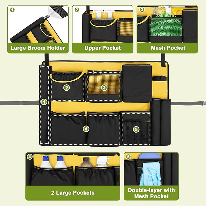 32-55 Gallon Trash Can Caddy Bag, Garbage Bin Apron Caddy with Multiple Pockets for Cleaning Supplies, Cleaning Tool Organizer with Adjustable Buckle for Janitorial Trash Can, Black+Yellow
