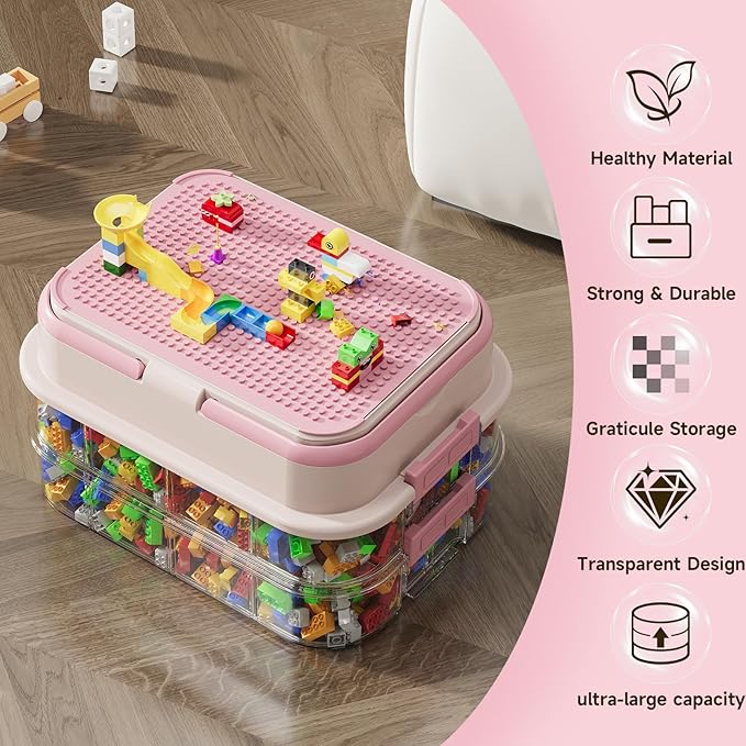 Toy Storage Organizer Box with Handle, Stackable Building Block Toy Box with Building Plate Lid & Removable Sorting Trays, Cubby Bins and Containers 2 Layer (Pink)