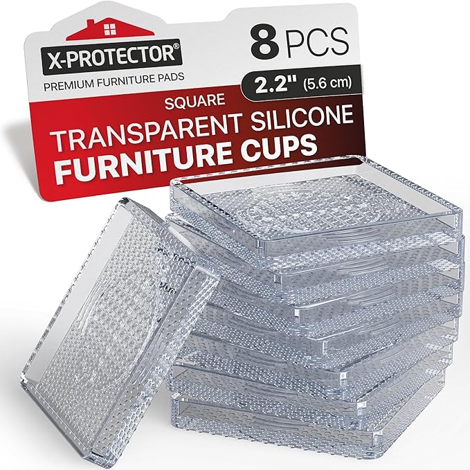 X-Protector Furniture Cups - 8 PCS 2.2" - Non Slip Furniture Pads for Hardwood Floors - Transparent Floor Protectors - Bed Stoppers to Prevent Sliding - Keep Furniture from Sliding on Floor! (Square)