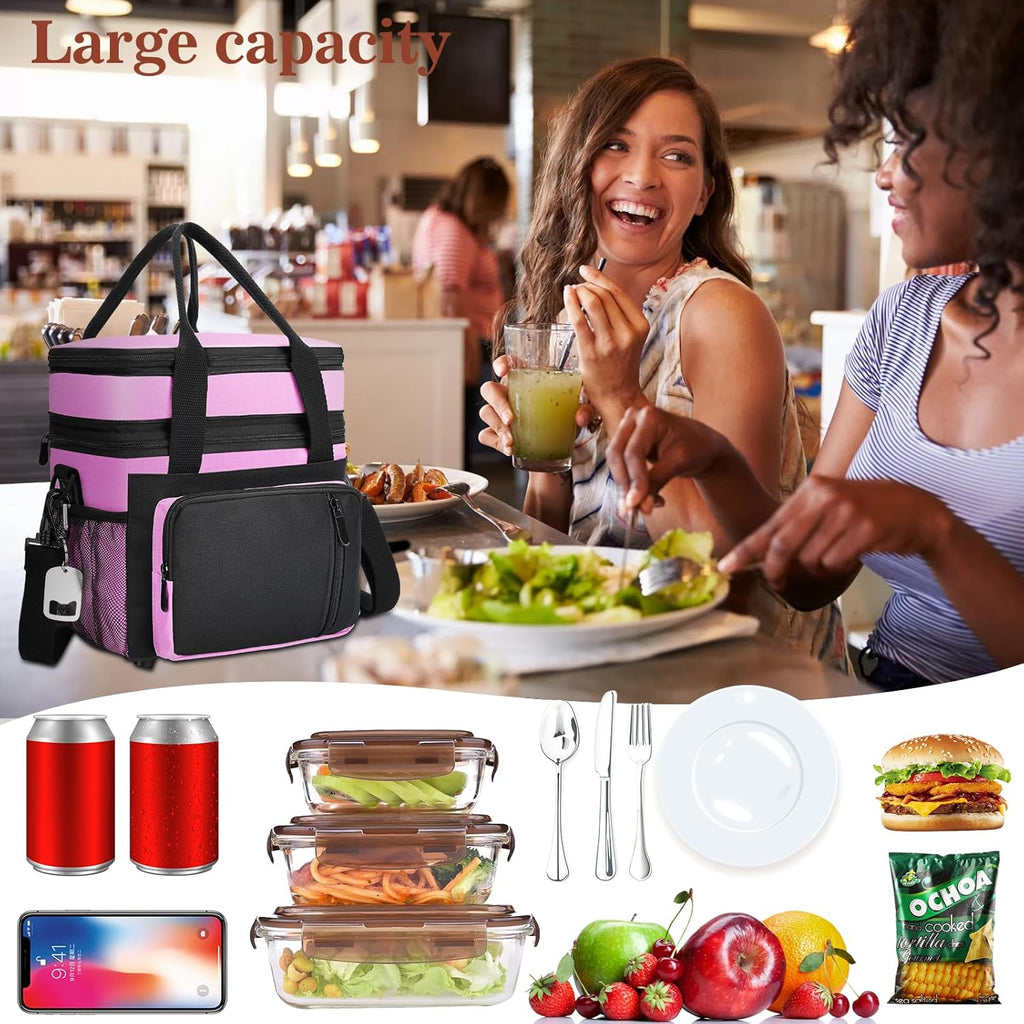 Insulated Lunch Bag Women | Large Adult Lunch Box | Double-Layer Reusable Lunch Bags | Leak-Proof Tote Cooler Bag for Work Picnic Outdoors | 16L, Pink