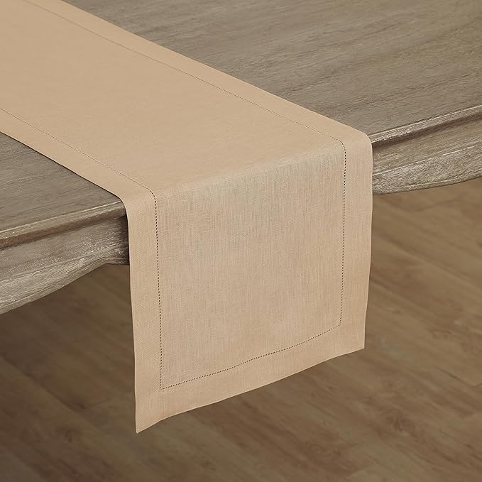 Solino Home Linen Beige Table Runner 90 Inches Long - 100% Pure Linen 14 x 90 Inch Table Runner for Christmas, New Year - Classic Hemstitch