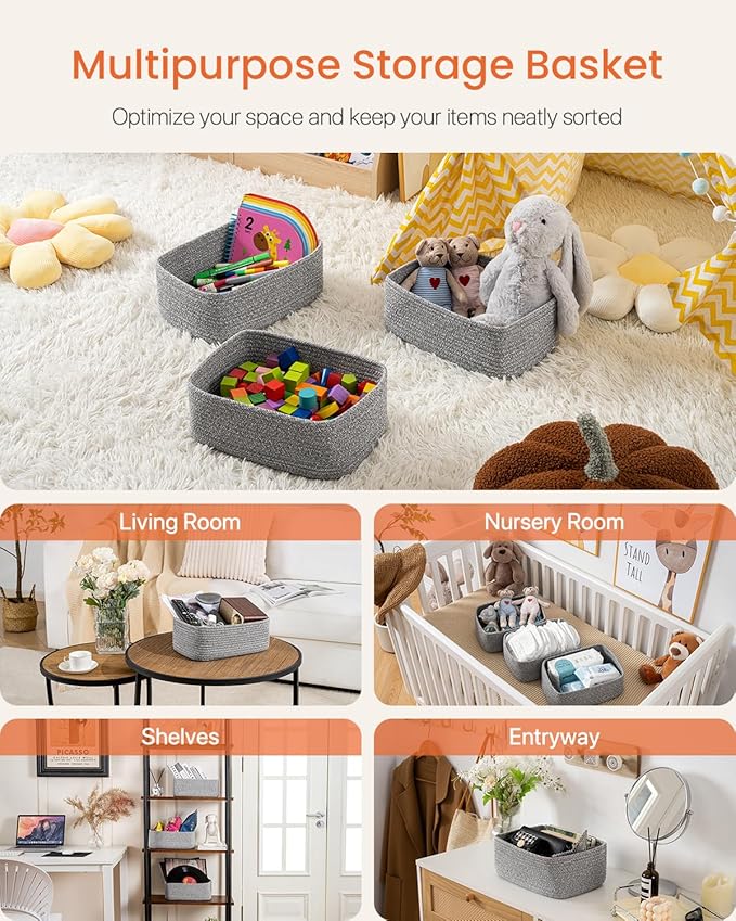 Small Woven Basket, 12 x 8 x 4.5 Inches, Storage Basket for Organizing, Cute Small Rope Shelf Closet Cube Storage Bins Baskets for Shelves, Dog Toy Gift Baskets Empty, 3 Packs, Mixed Grey