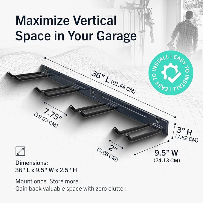 StoreYourBoard Wall-Mounted Rack With 4 Garage Hooks – Heavy-Duty Steel Holder Garage & Garden Storage for Shed, Workshop, or Home Organization – For Rakes, Shovels, Tools & More – 1 Pack, Deep Water