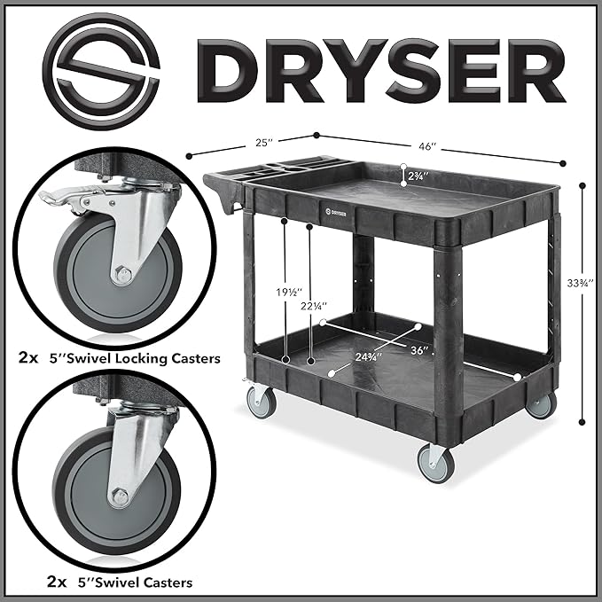 Dryser Utility Cart with Wheels, 46" x 25" Heavy Duty 550 lb. Capacity with Shelves - 2 Tier Rolling Cart with Four 5" Swivel Casters for Warehouse, Garage, Cleaning