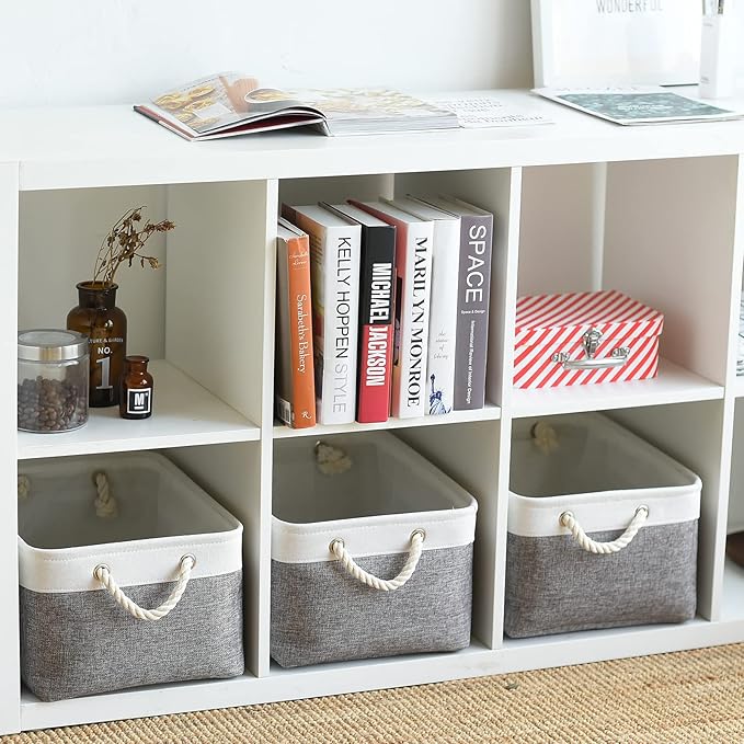 Large Storage Baskets for Shelves, Fabric Baskets for Organizing, Collapsible Storage Bins for Closet, Nursery, Clothes, Toys, Home & Office [3-Pack, White&Grey]
