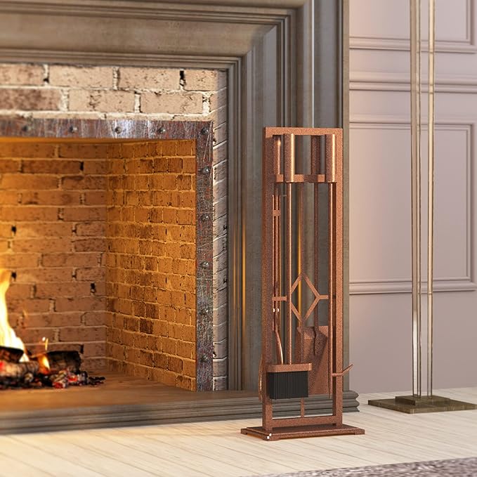 Fire Beauty 5 Pieces Fireplace Tools Set Wrought Iron Fire Place Pit Poker Holder(Antique Bronze)