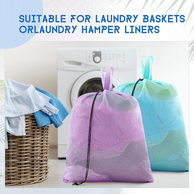 6 Pack 20 x 17 Inches Colorful Mesh Laundry Bag with Handles Machine Washable Secure Drawstring Closure Large Sturdy Mesh Net Laundry for College Travel Dorm Laundromat