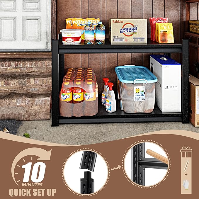 48" W 2-Tier Garage Shelving Heavy Duty, 1120LBS Loads Garage Storage Shelves, Metal Shelving Units and Storage Racks, Industrial Utility Shelf Heavy Duty,48" Wx16 Dx39 H, Black