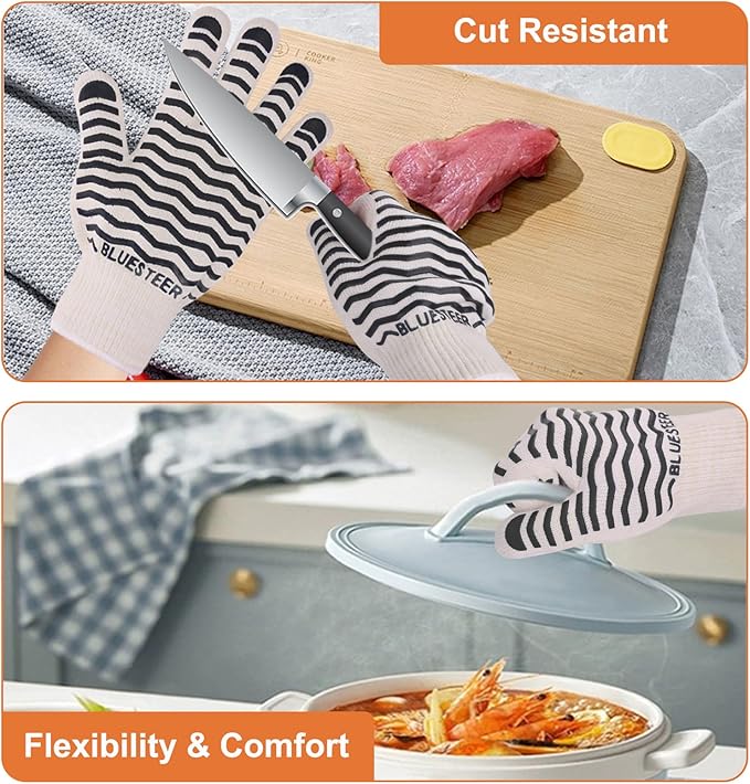 Oven Gloves 932°F Heat Resistant Oven Mitts with Fingers, Heat Proof BBQ Grill Gloves Silicone Grip Fireproof Gloves for Kitchen Cooking Grilling Baking