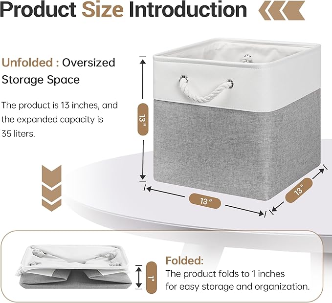 13x13 Inch Cube Storage Bins with Reinforced Bottom Cardboard, 6 Pack Large Collapsible Fabric Storage Cubes with Handles for Shelf, Closet, Toy, Laundry Organization (White&Gray)